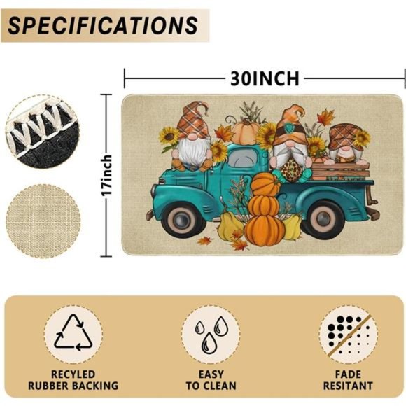 Pumpkin Door Mat Thanksgiving Day & Non Slip Rubber Mat 17" x 30” NWT - Picture 4 of 6